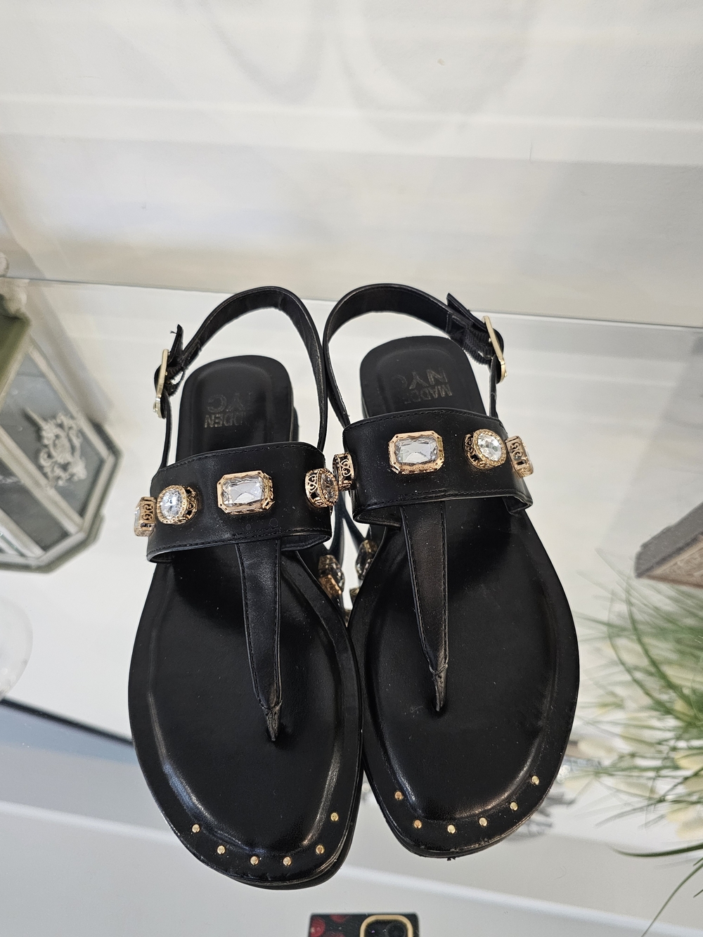 Steve Madden Black T-Strap Jeweled Sandals